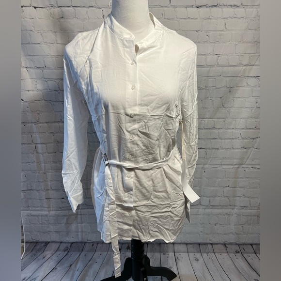 NWT Urban Outfitters Lumiere White Button Front Long Sleeve Belted Shirt Small - Picture 1 of 11